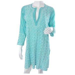 Juliet Dunn Hand Embroidered Aqua Kaftan Tunic